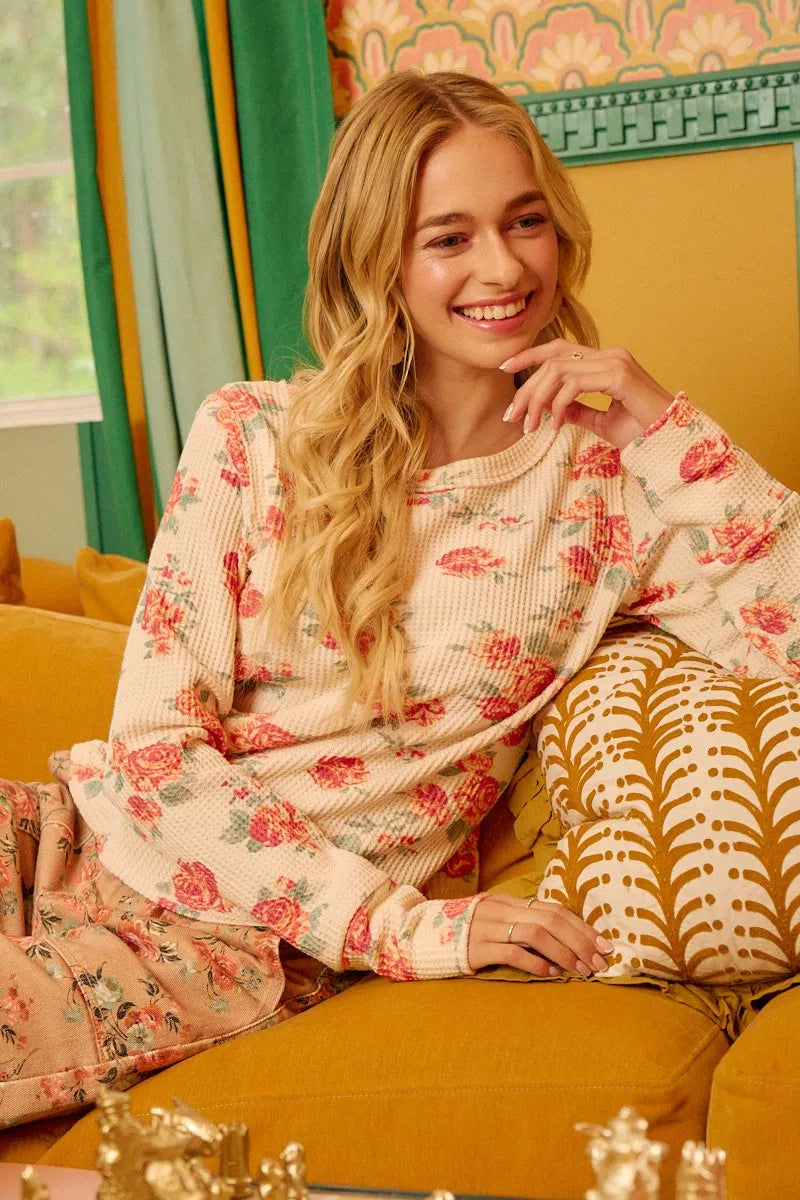 Floral Print Washed Waffle Thermal Top With Thumb