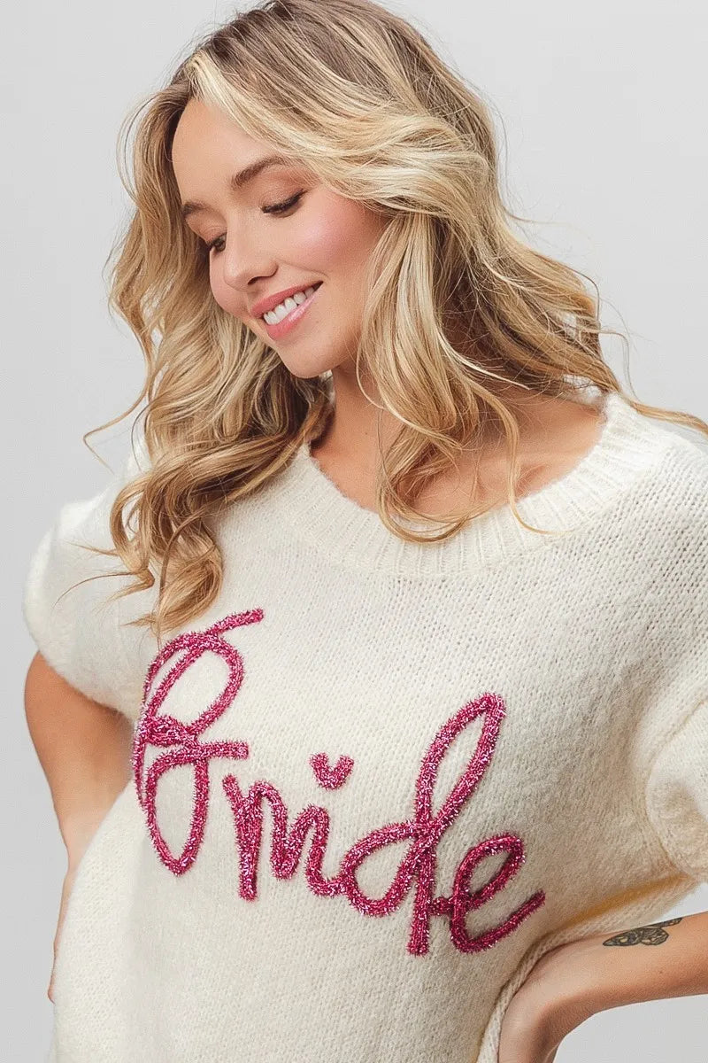 Metallic Letter Short Puff Sleeve Hairy Sweater