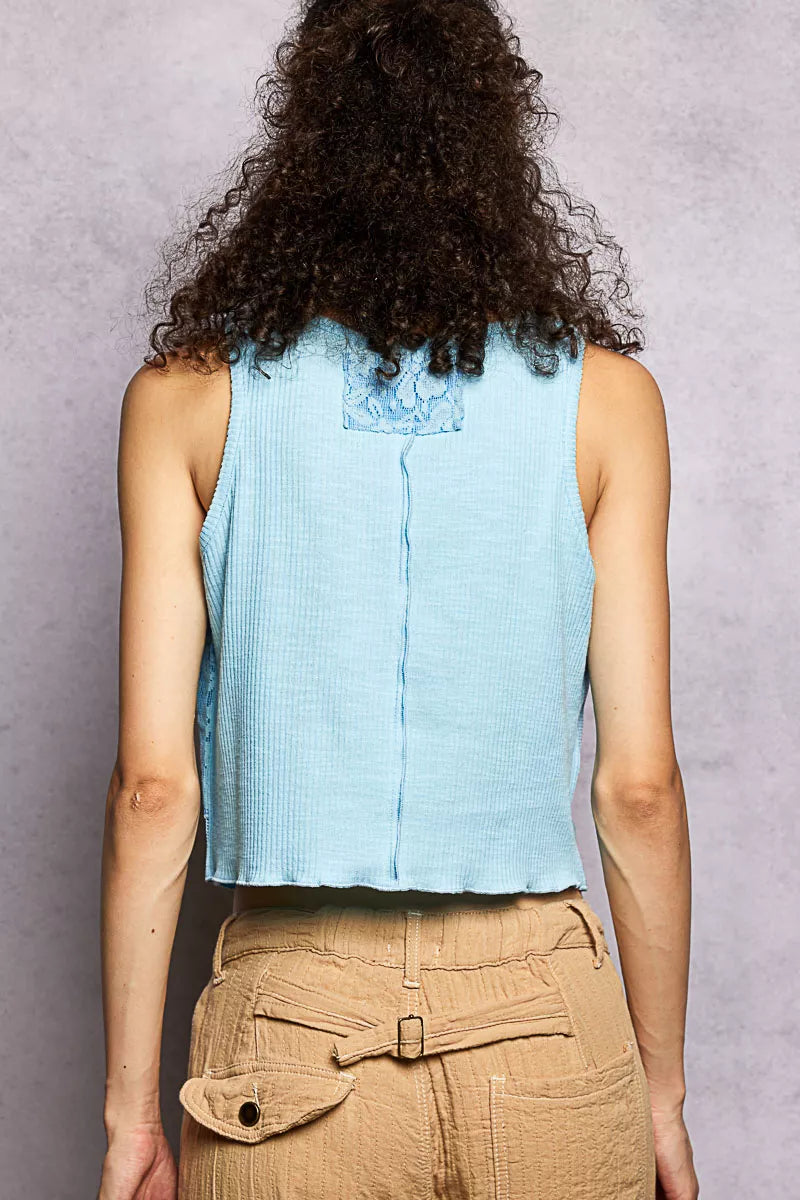 Ribbed Round Neck Cropped Tank with Lace Detail