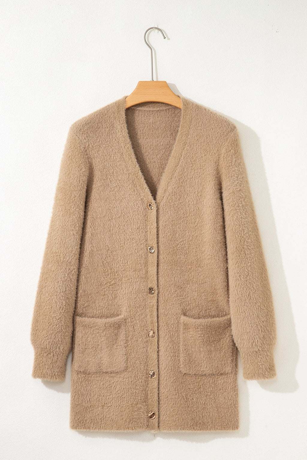Smoke Gray Fuzzy Buttoned Front Midi Solid Cardigan