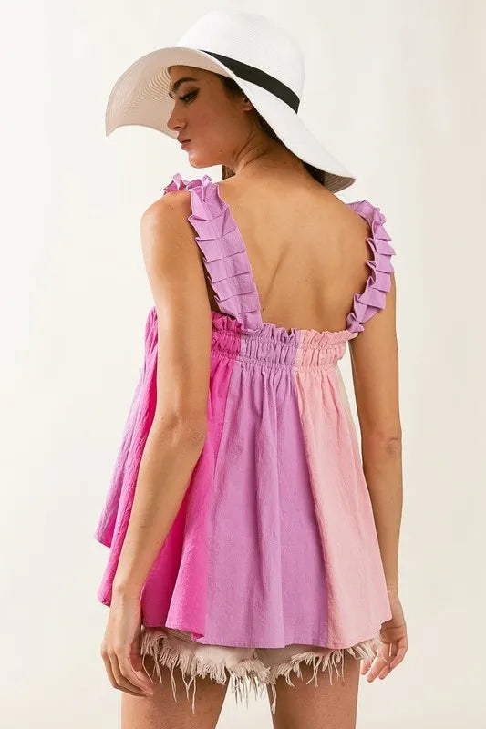 Frill Shoulder Strap Color Block Bodice Top