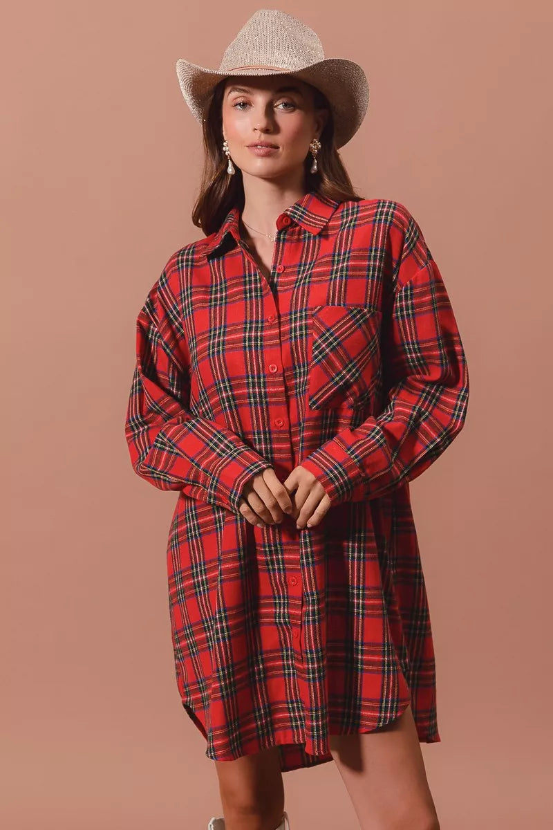 Christmas Checker Plaid Button Up Shirt Dress