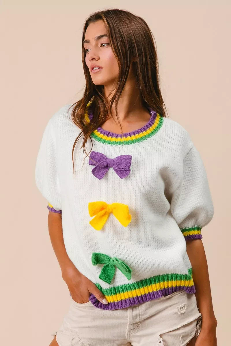 Short Puff Sleeve Ribbon Bow Mardi Gras Sweater