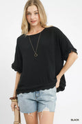 Linen Frayed Hem Scallop Edge Top
