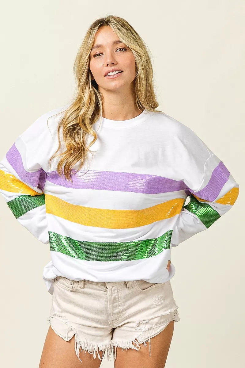 Sequin Mardi Gras Striped Round Neck Sweatshirt