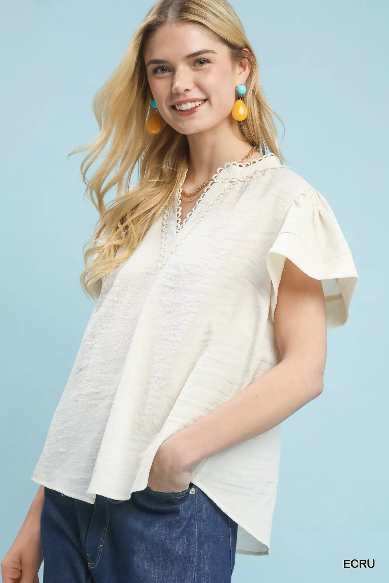 Seersucker Short Sleeve Top with Lace Trim