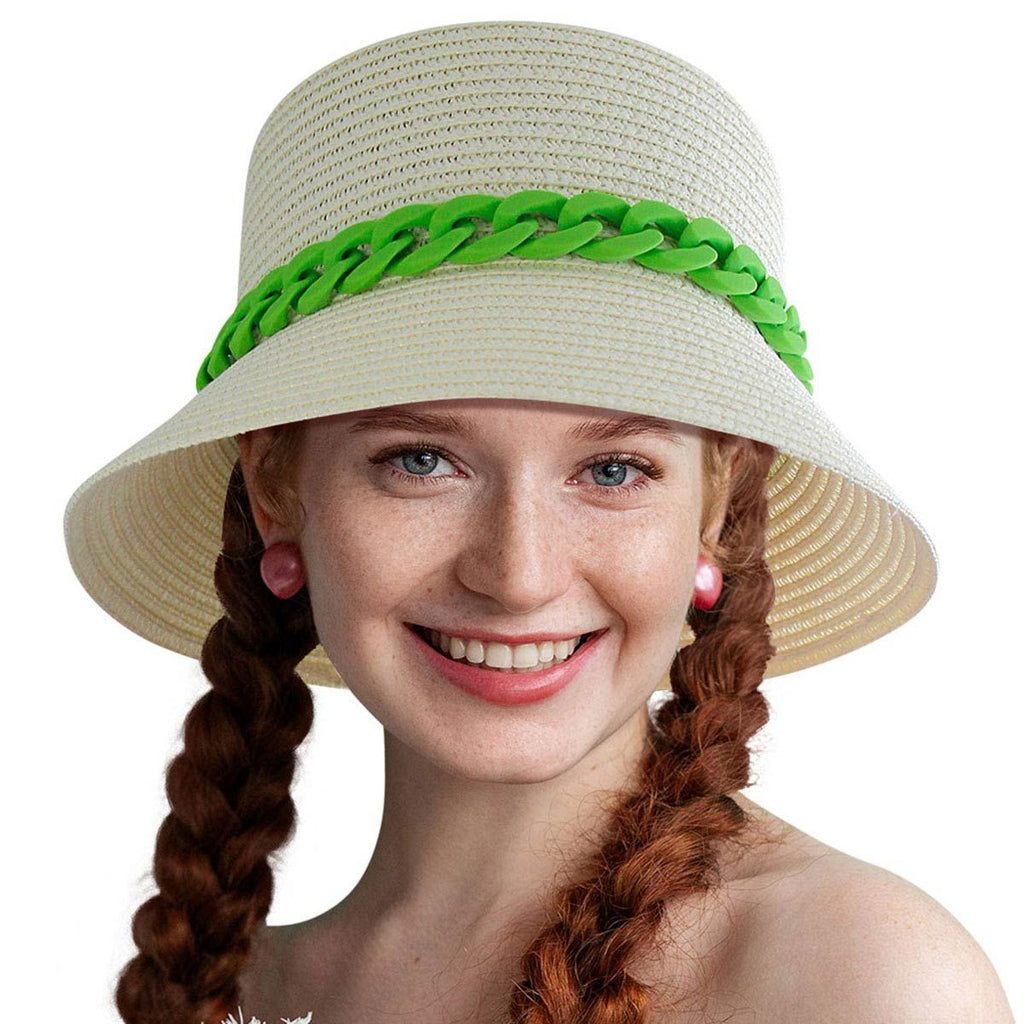 Straw Bucket Hat Green Chain Detail Stylish Casual Accessory