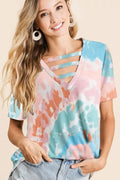 Tie-Dye V-Neck Cutout Short Sleeve T-Shirt