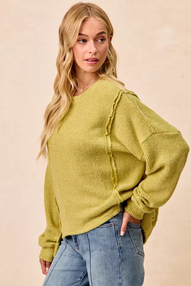 Boucle Rib Knit Uneven Hem Sweater With Open Seam
