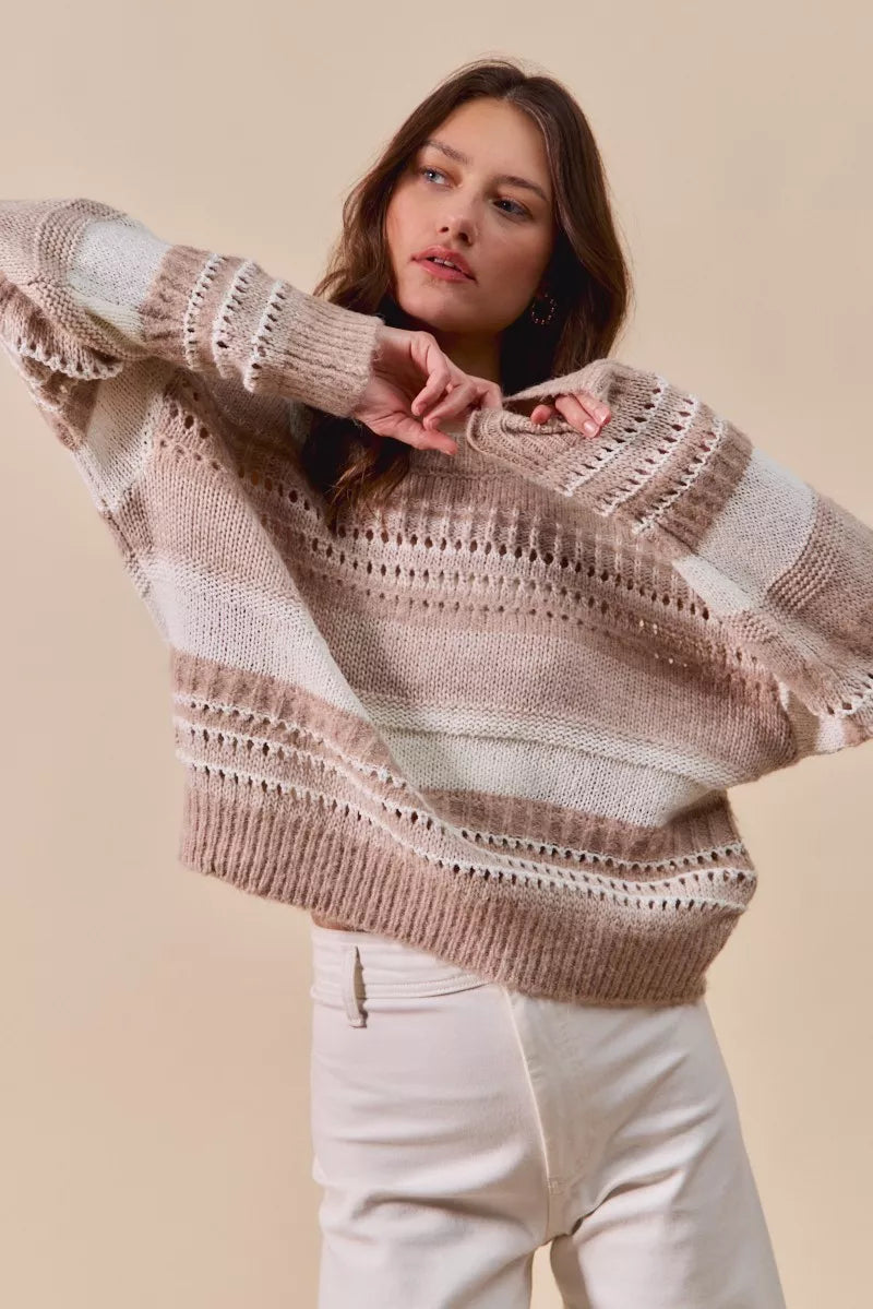 Variegated Stripe Textured Loose Fit Sweater