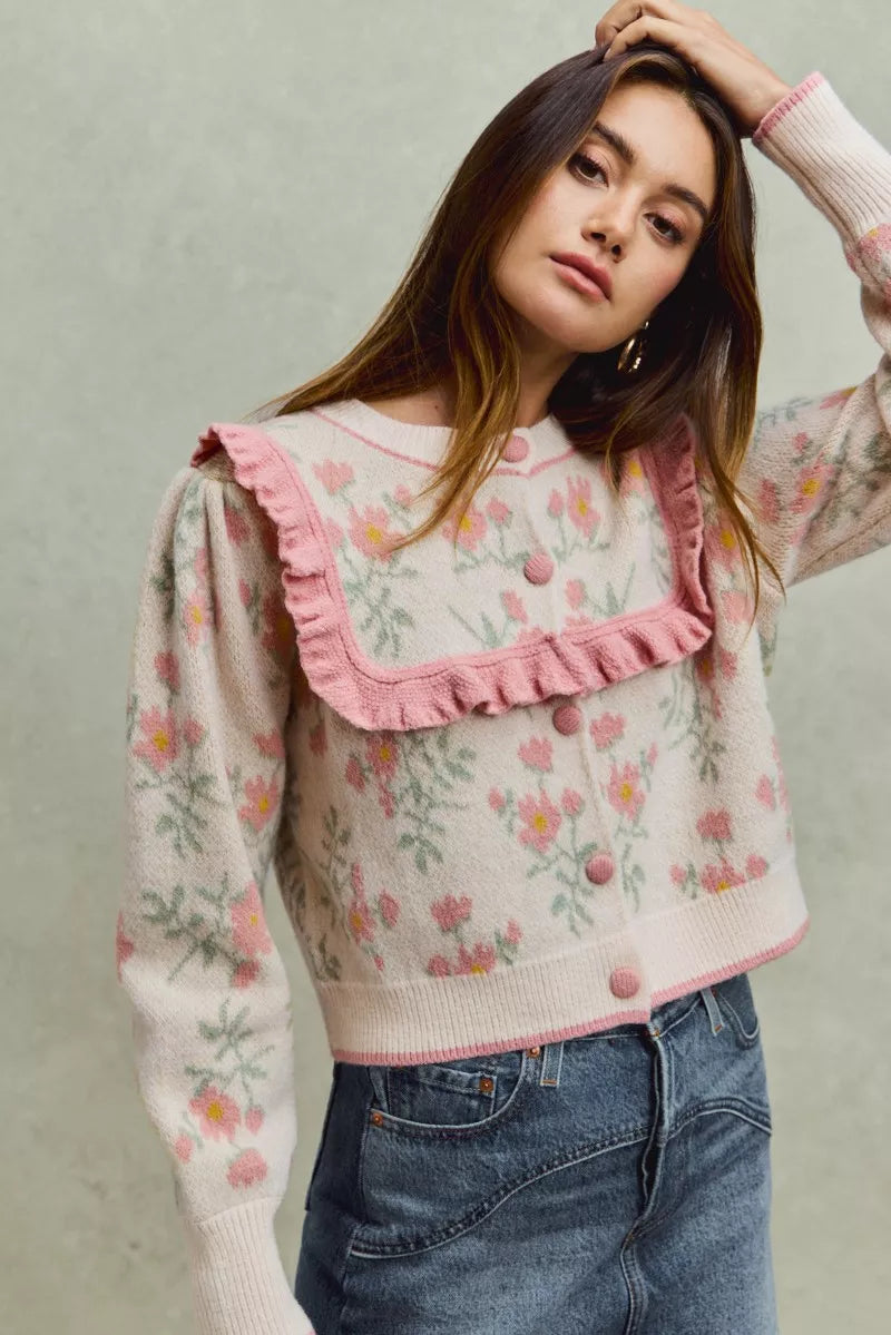 Flower With Ruffle Detailing Sweater Cardigan