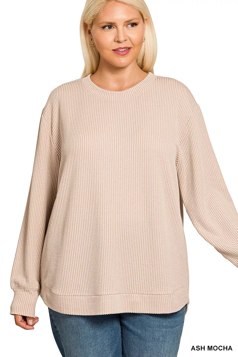 Full Size Raised Rib Round Neck Long Sleeve Top Plus Size