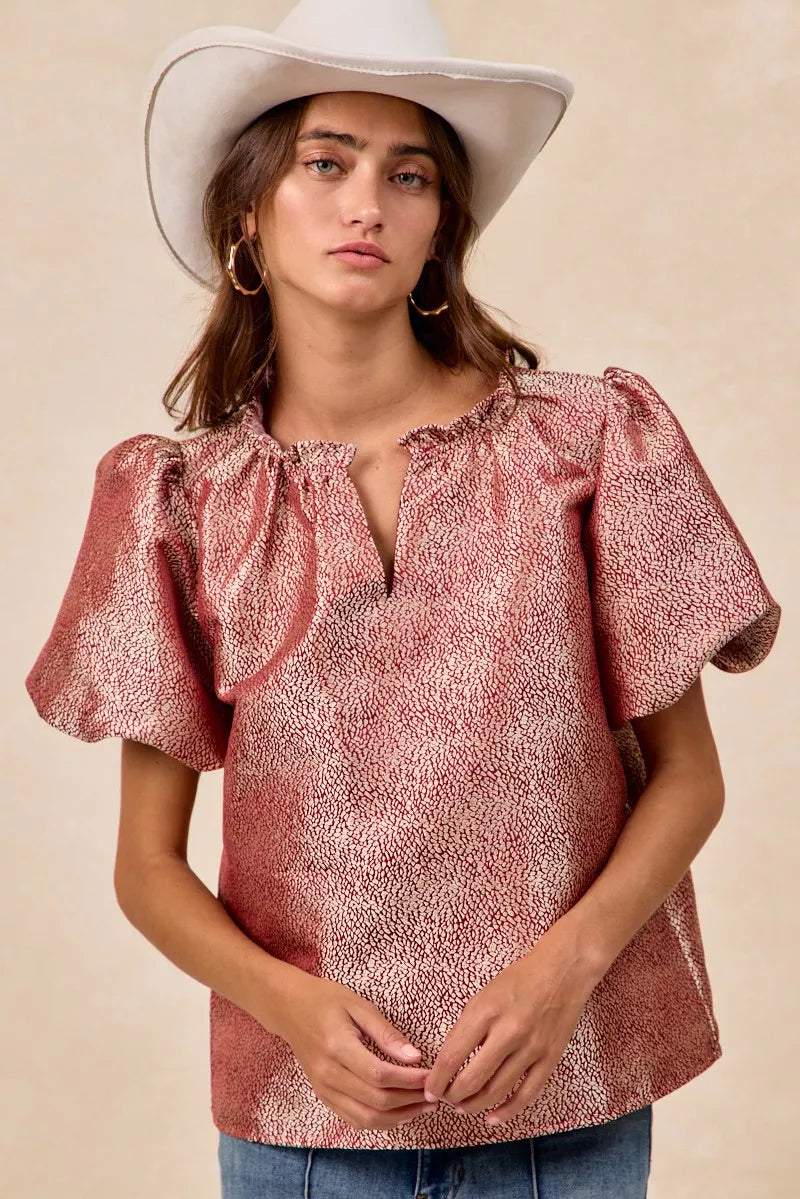 Jacquard Woven Short Balloon Sleeves V Neck Top