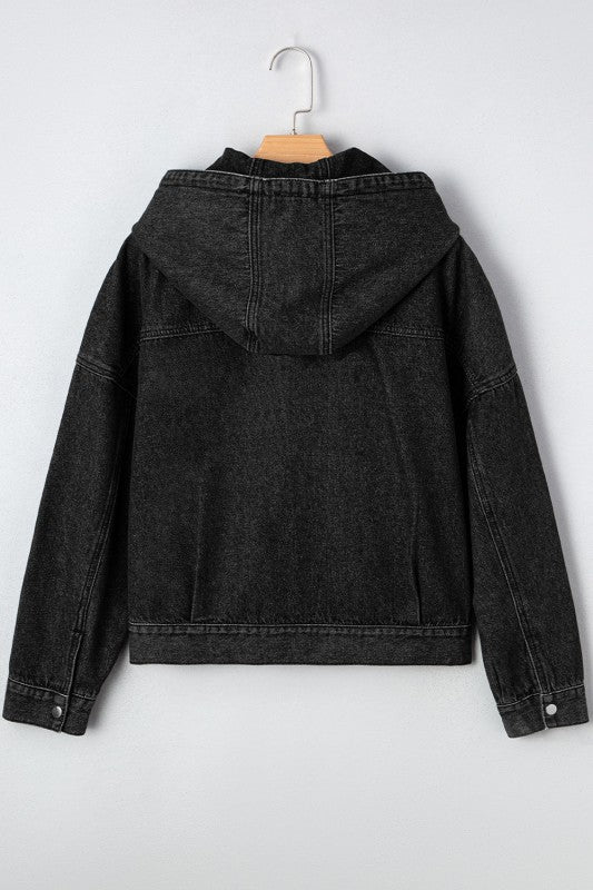 Denim Chest Pocket Drop Shoulder Hooded Jacket See size chart under “more details”