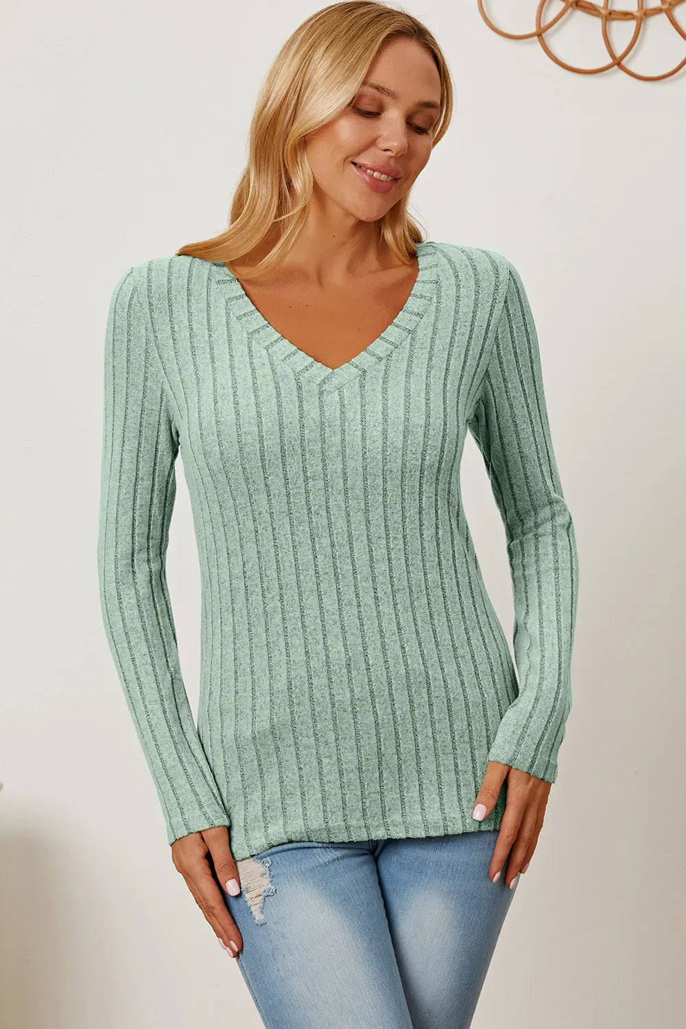 Full Size Ribbed V-Neck Long Sleeve T-Shirt
