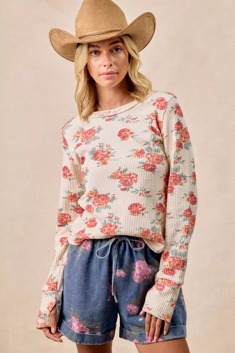 Floral Print Washed Waffle Thermal Top With Thumb
