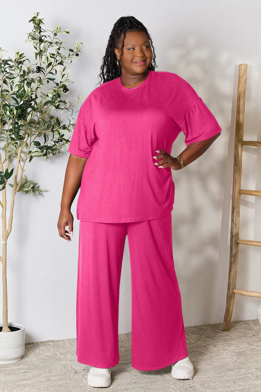 I am a Fashion Junky Full Size Round Neck Slit Top and Pants Set