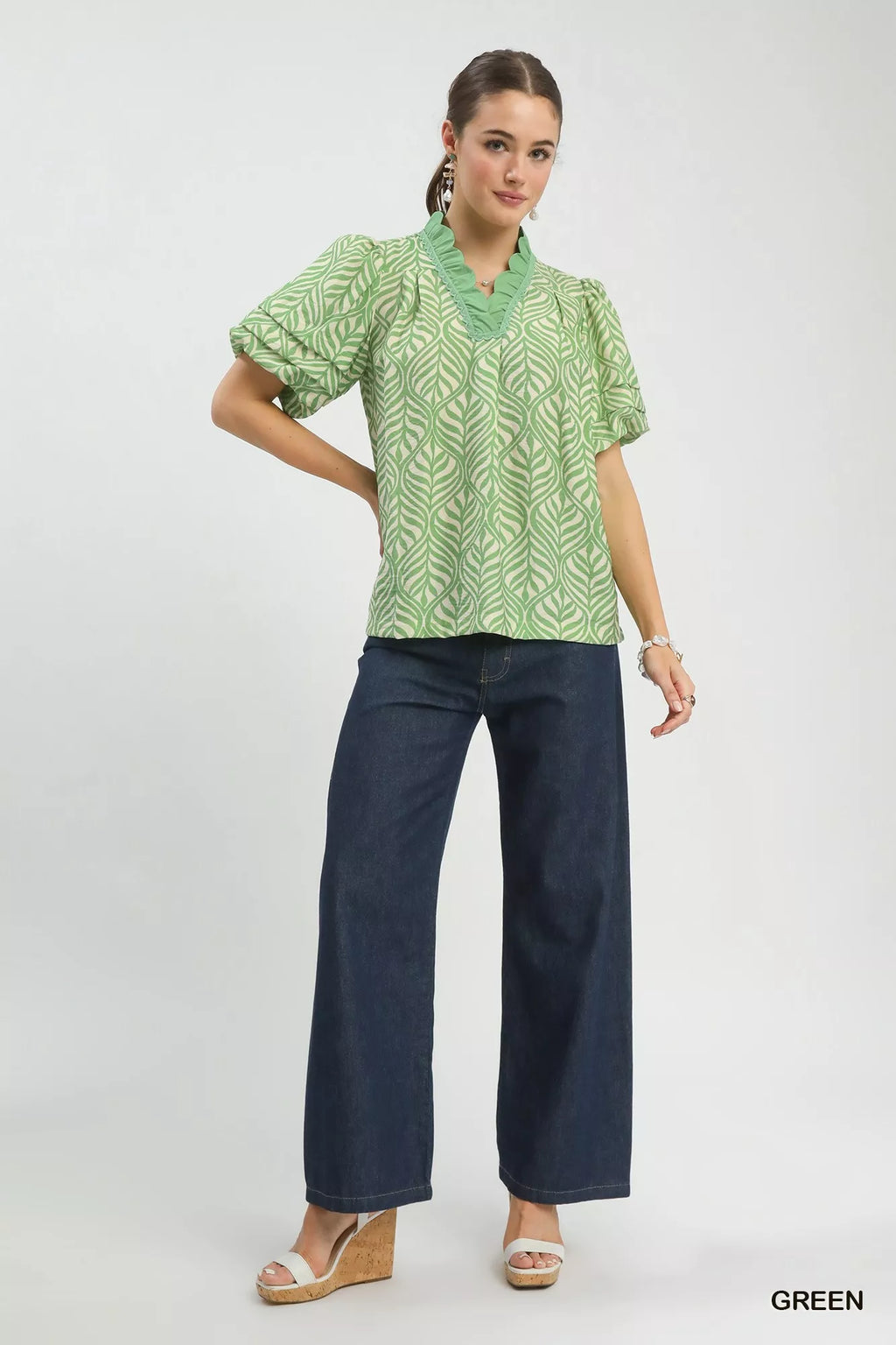 Printed Puff Sleeve Ruffle Neck Top