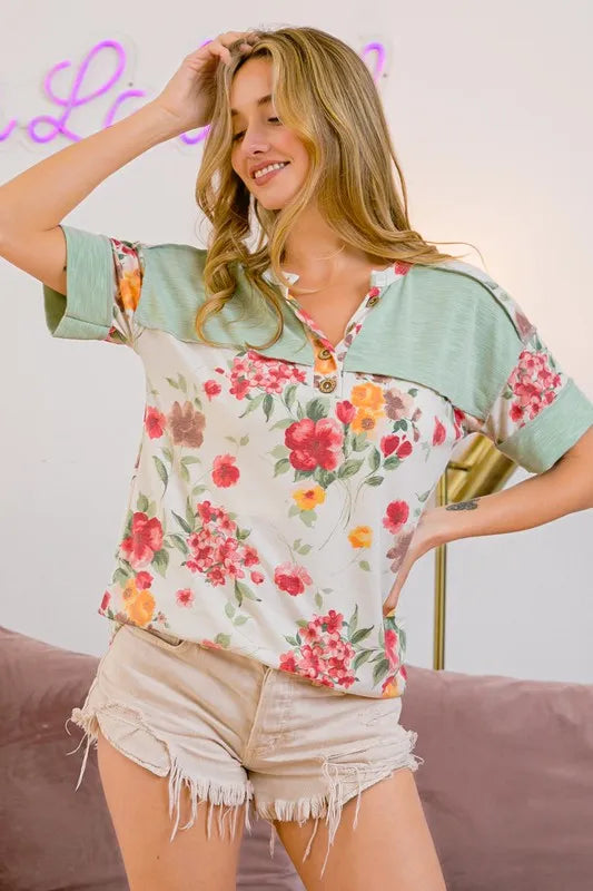 Floral Button Detail Round Neck Short Sleeve Terry T-Shirt