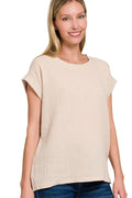 Double Gauze Round Neck Folded Short Sleeve Top