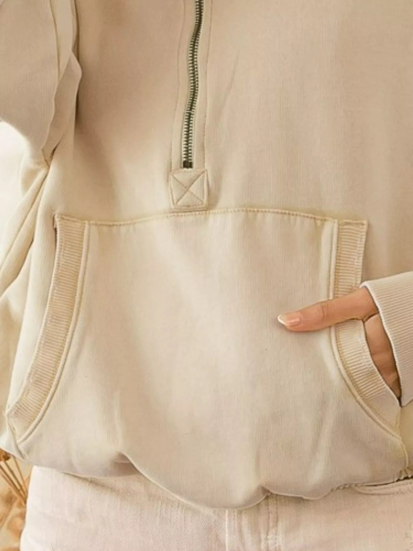 Stitch Detailed Elastic Hem Half Zip Fleece Hoodie