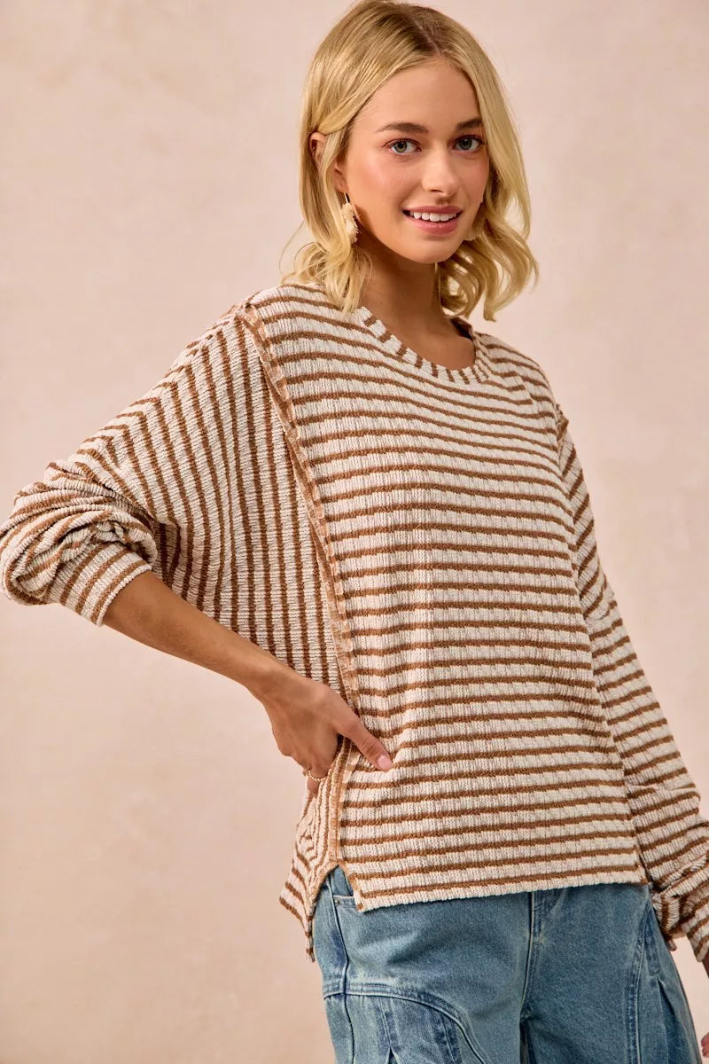 Open Seam Detail Textured Stripe Knit Top