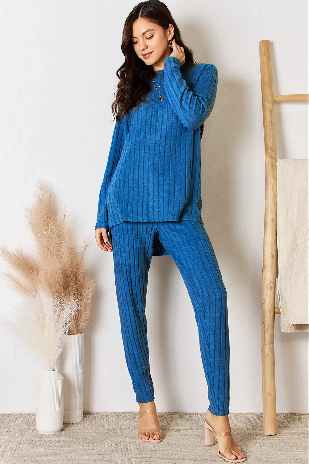 I am a Fashion Junky Full Size Ribbed Round Neck High-Low Slit Top and Pants Set