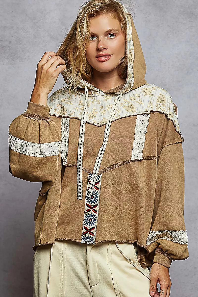 Drawstring French Terry Hoodie with Gauze Print Patch
