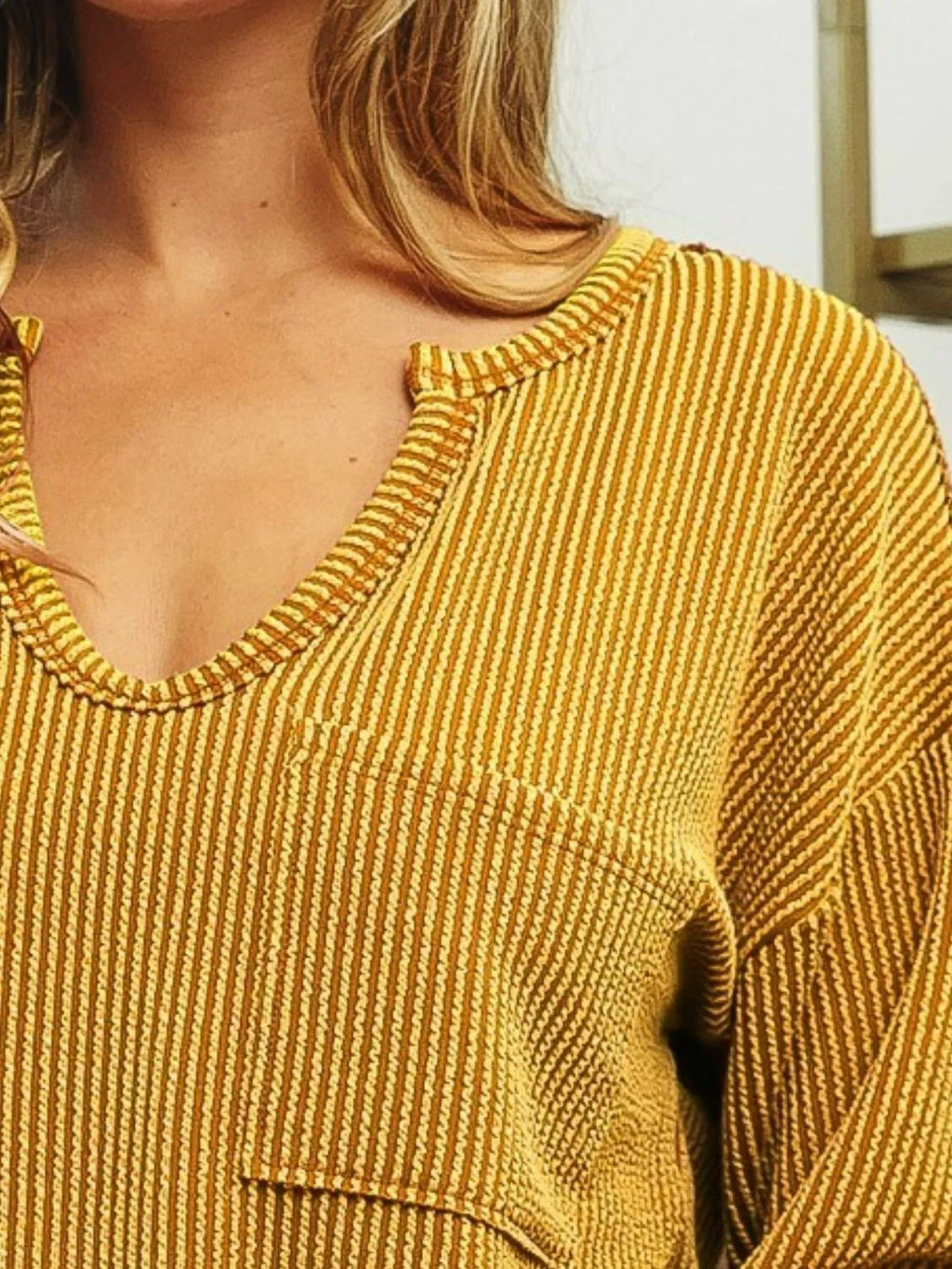 Wavy Two Tone Rib Notch Neck Patch Pocket Top