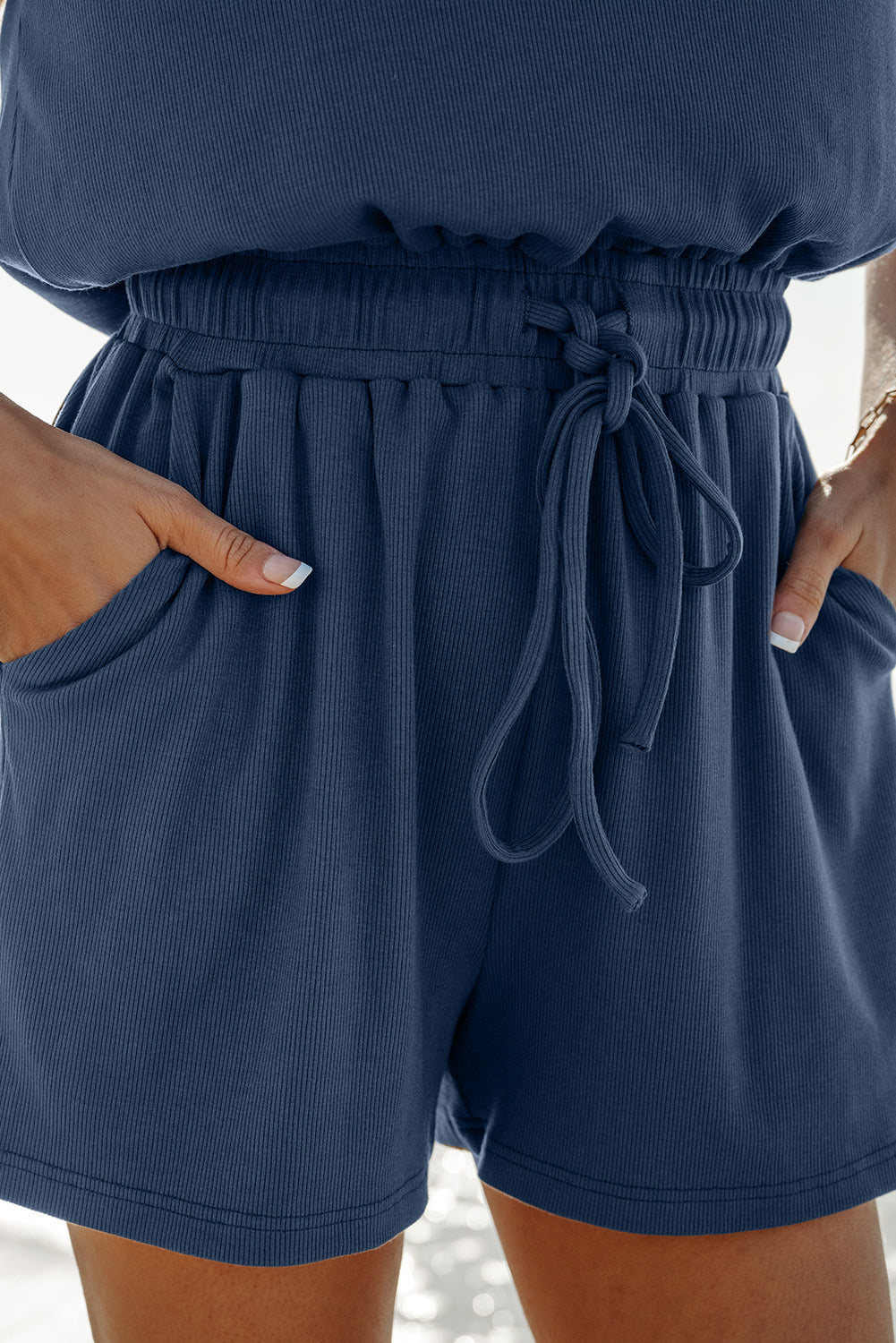 Knit Open Back Cap Sleeve Drawstring Elastic Waistband Romper