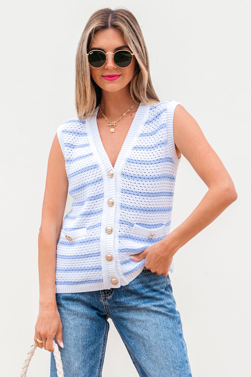 Sky Blue Stripe V Neck Gold Buttons Elegant Sweater Vest