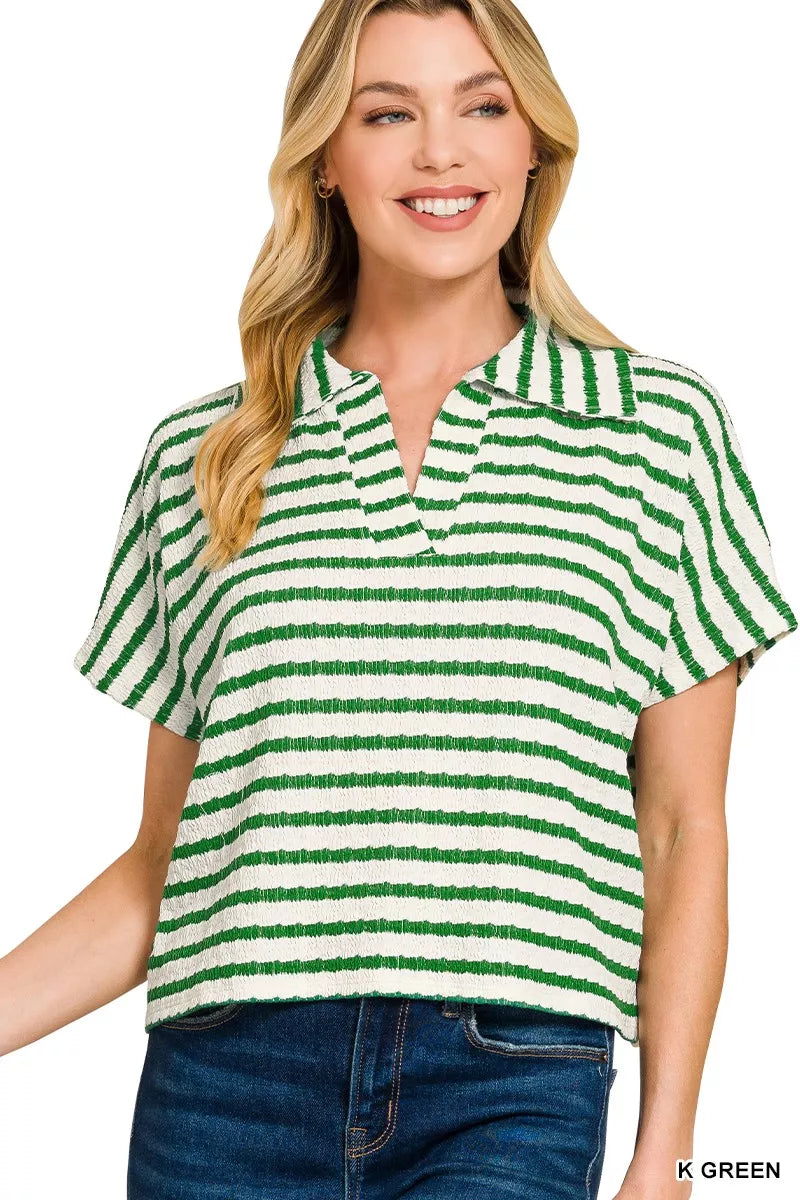 Striped Split Neck Collared Top