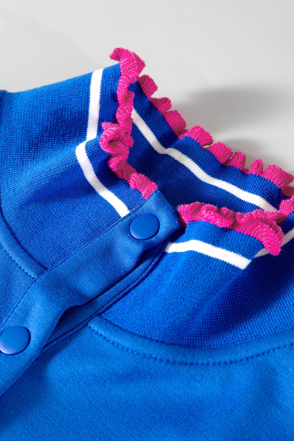 Sky Blue Contrast Frilled Trim Button Collared Short Sleeve Knit Top