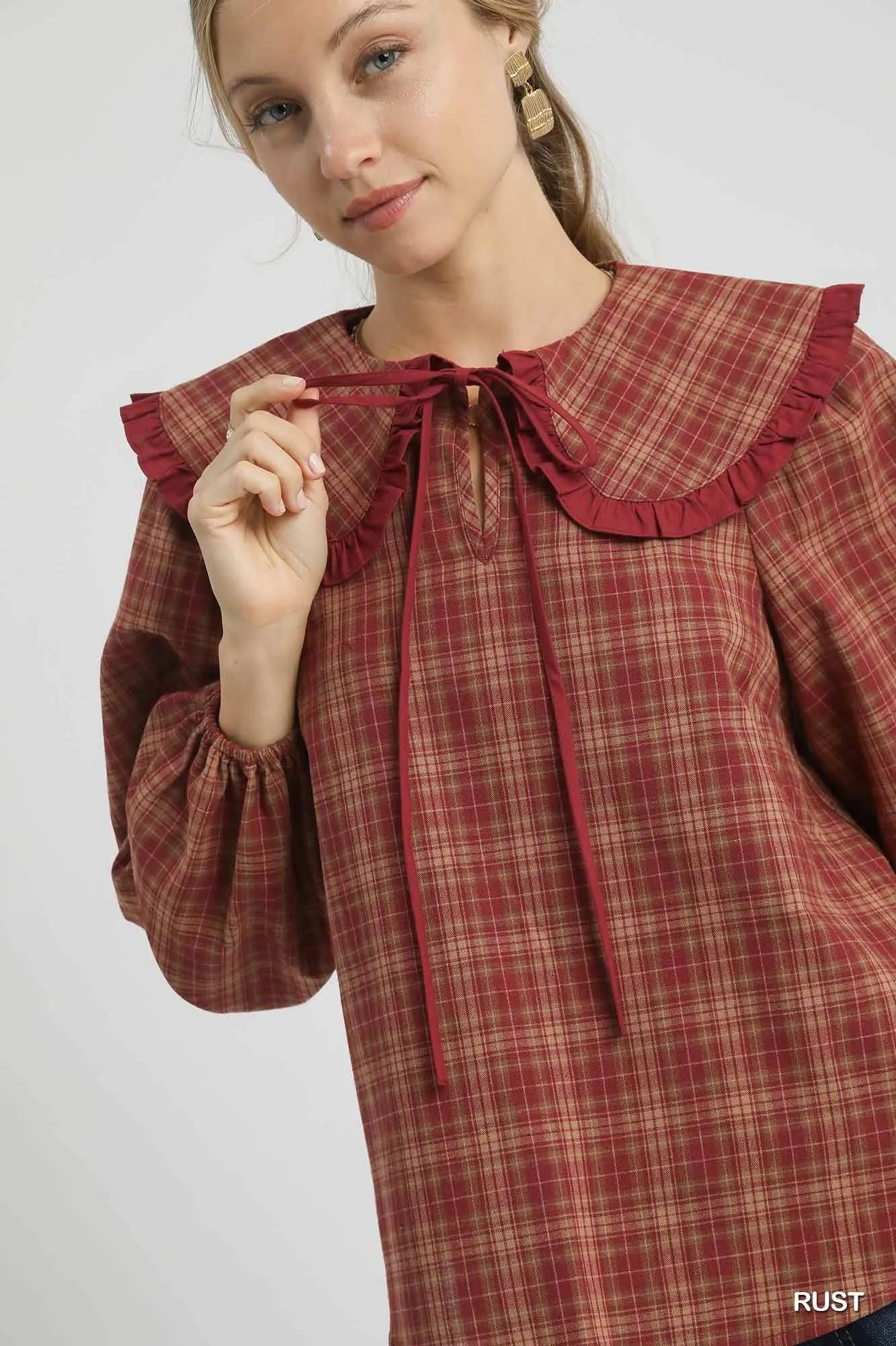 Full Size Plaid Ruffle Collar Blouse Plus Size