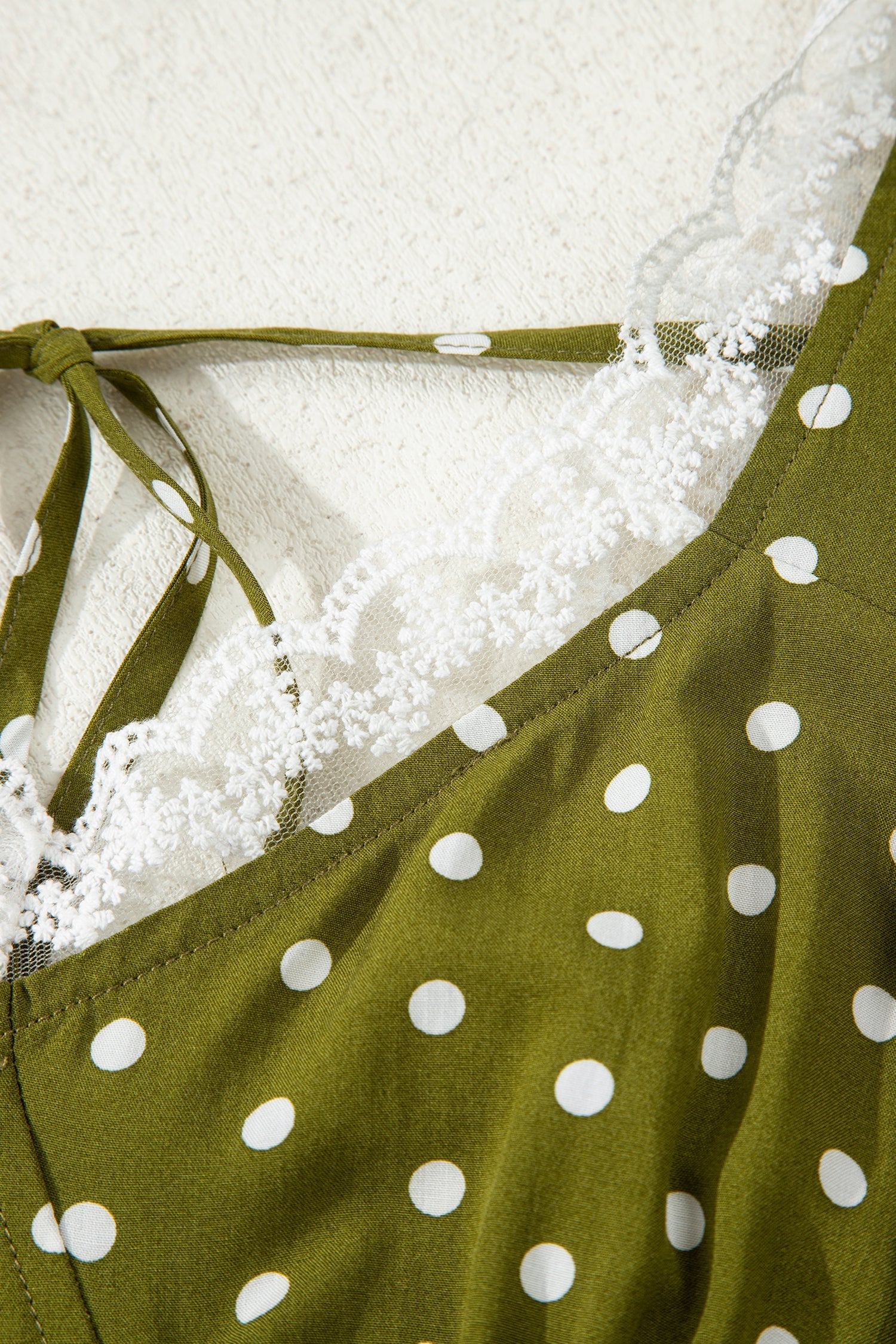 Green Polka Dot Print Lacy Neckline Smocked High Waist Maxi Dress