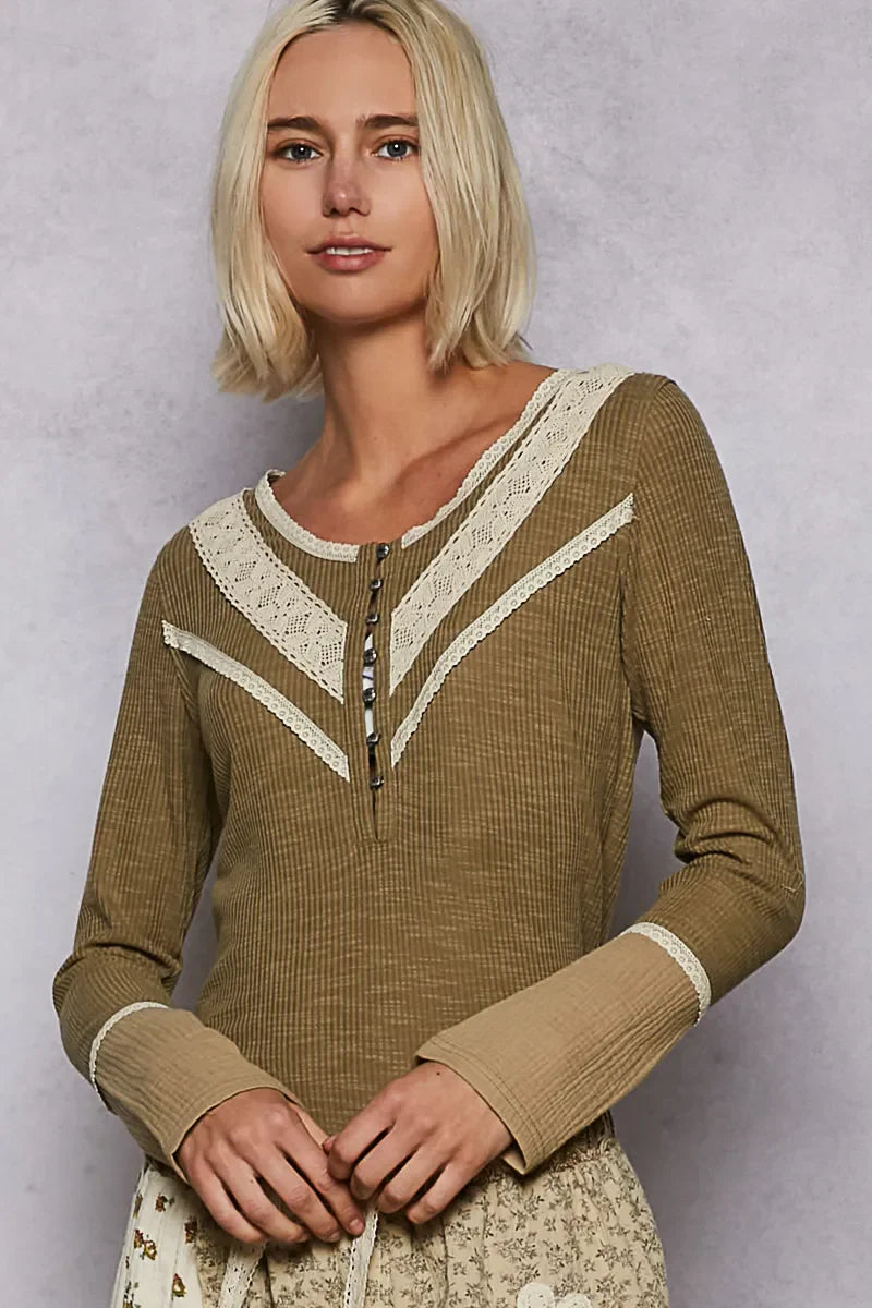 Ribbed Half Button Lace Detail Knit Top