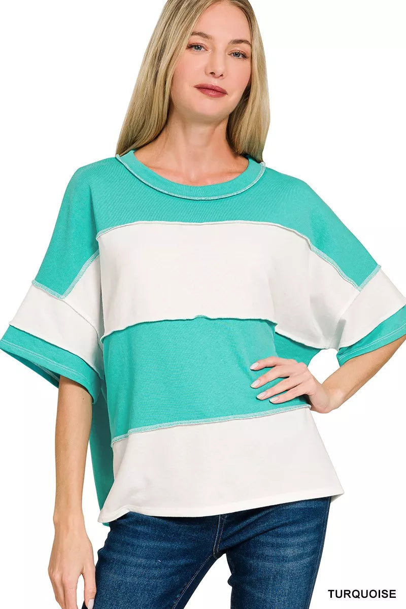 French Terry Color Block Exposed Seam Top