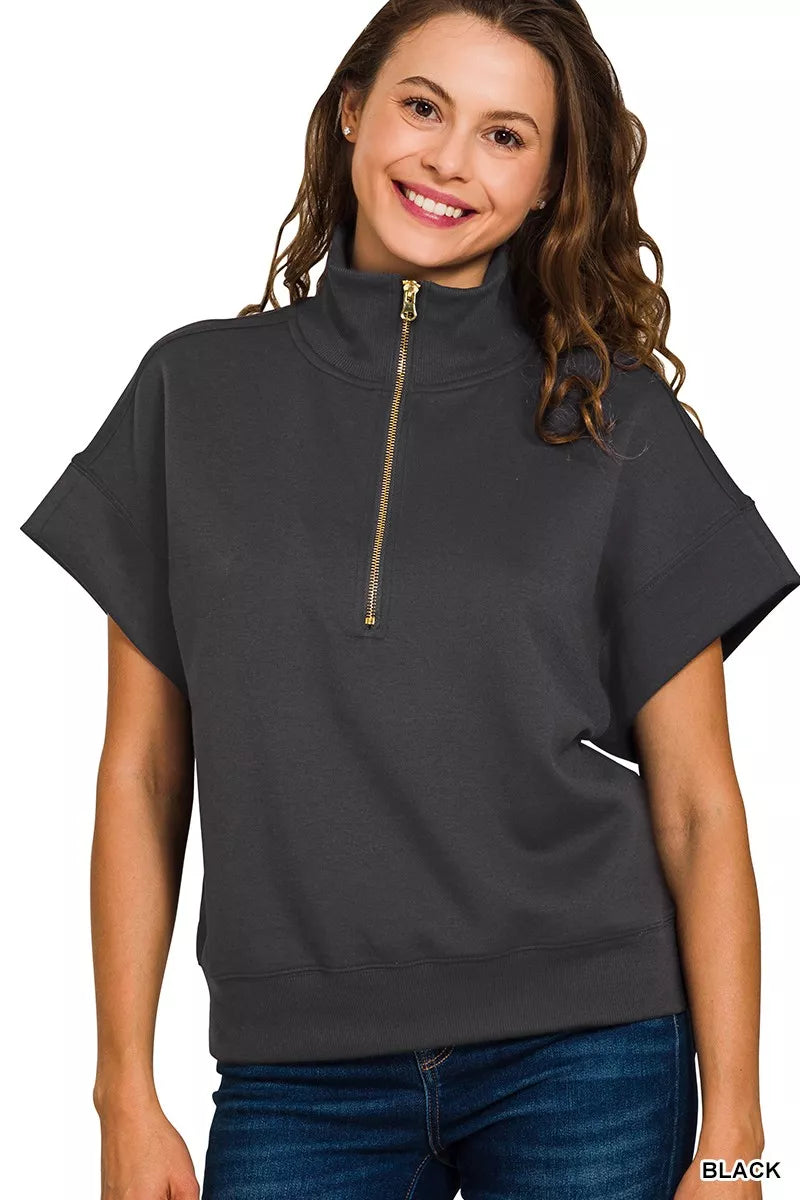Full Size Scuba High Neck Half Zip Short Sleeve Top Plus Size
