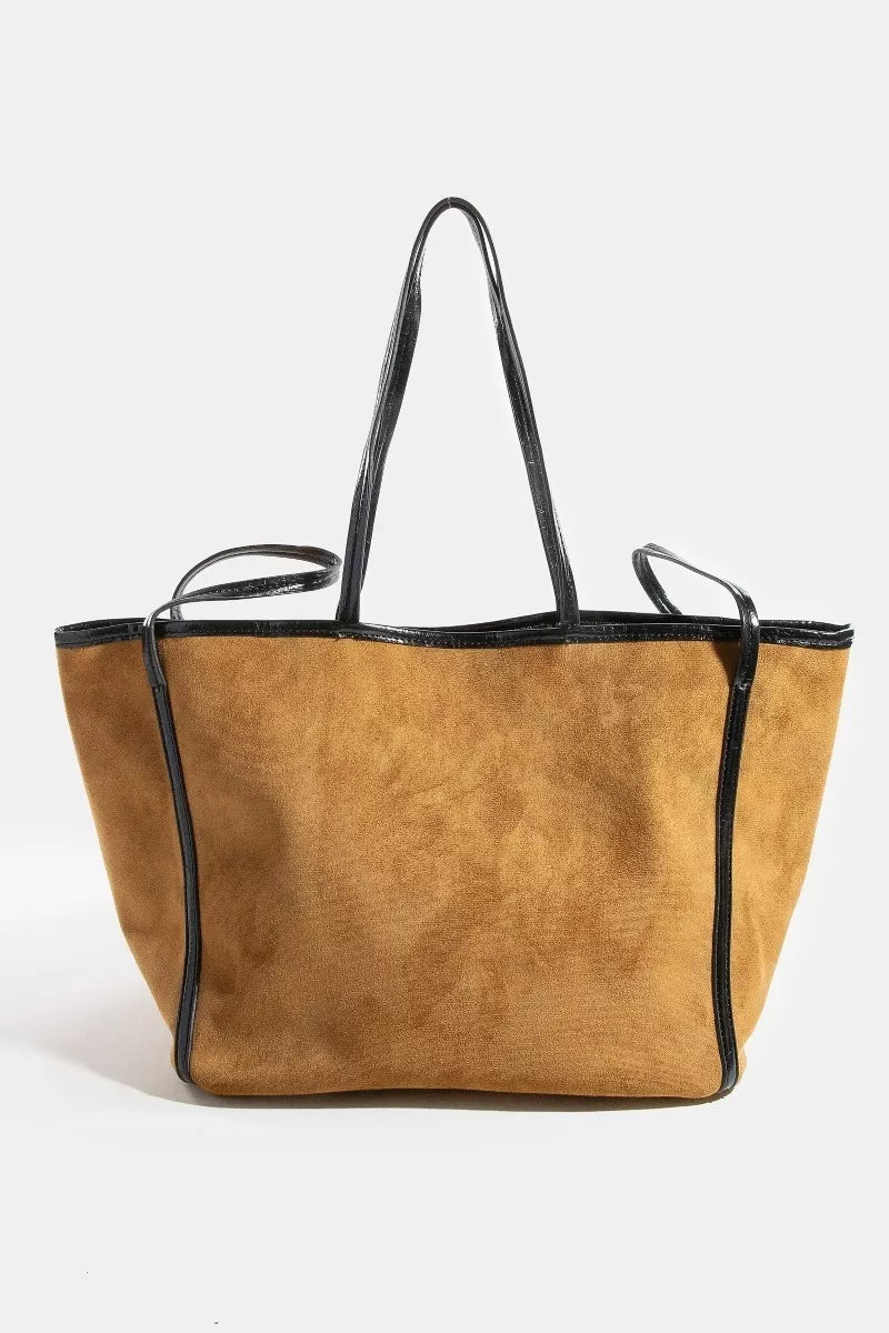 Suede Tote Faux Leather Trim Shoulder Strap