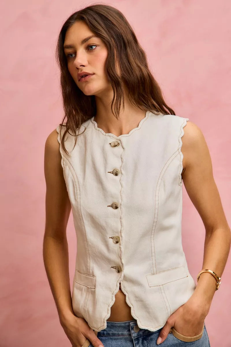 Scalloped Edge Cotton Twill Washed Vest Top