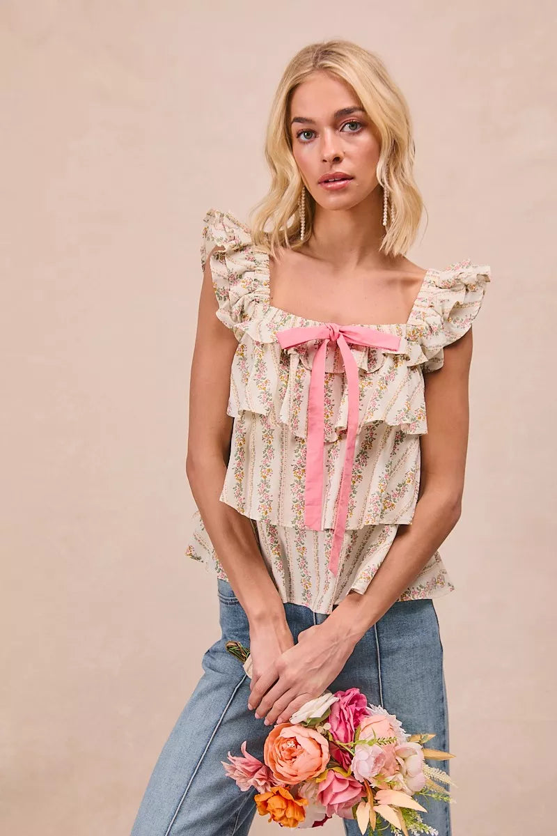 Floral Printed Woven Front Bow Tied Ruffled Square Neck Sleeveless Top