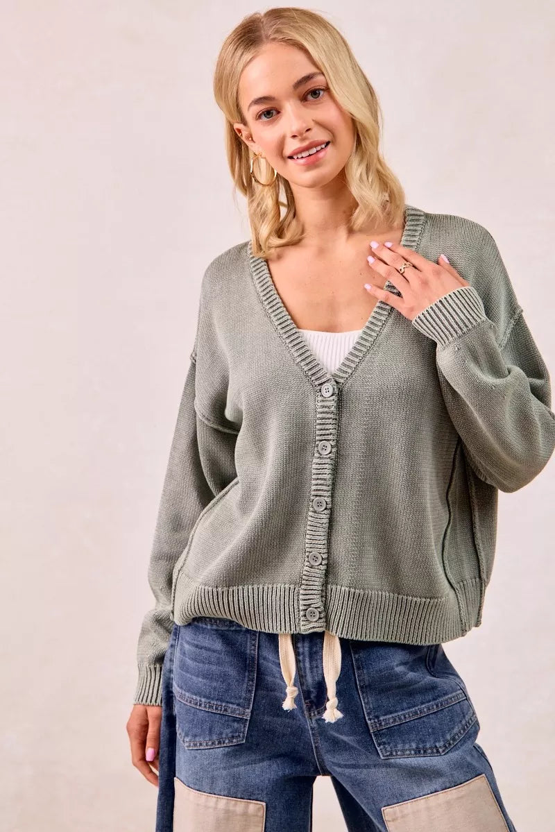 Washed Sweater V Neck Cardigan