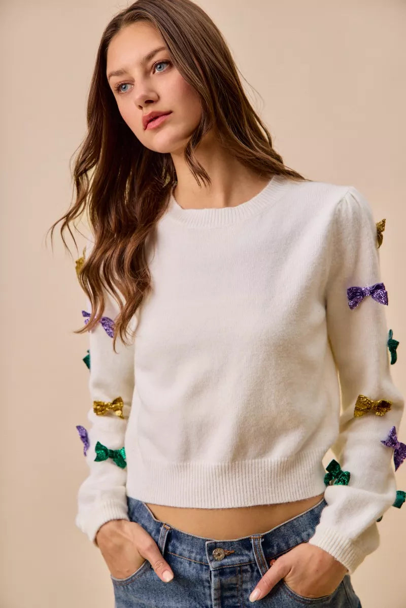 Mardi Gras Glitter Bow Ribbon Sweater Knit Top