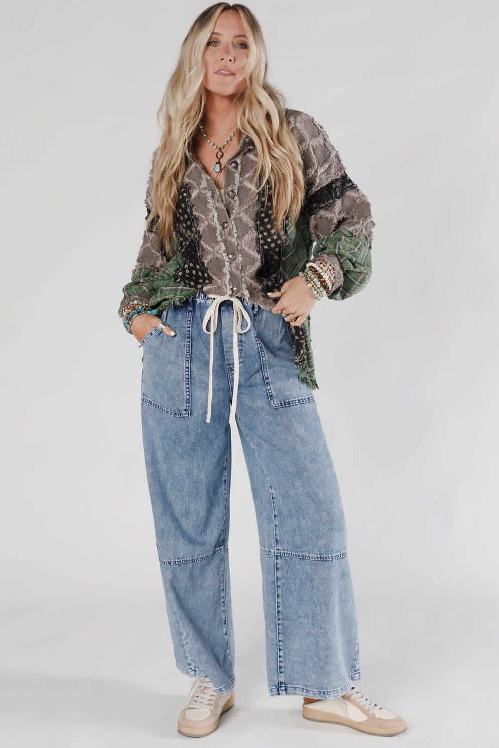 Acid Wash Exposed Seam Drawstring Elastic Waistband Jeans
