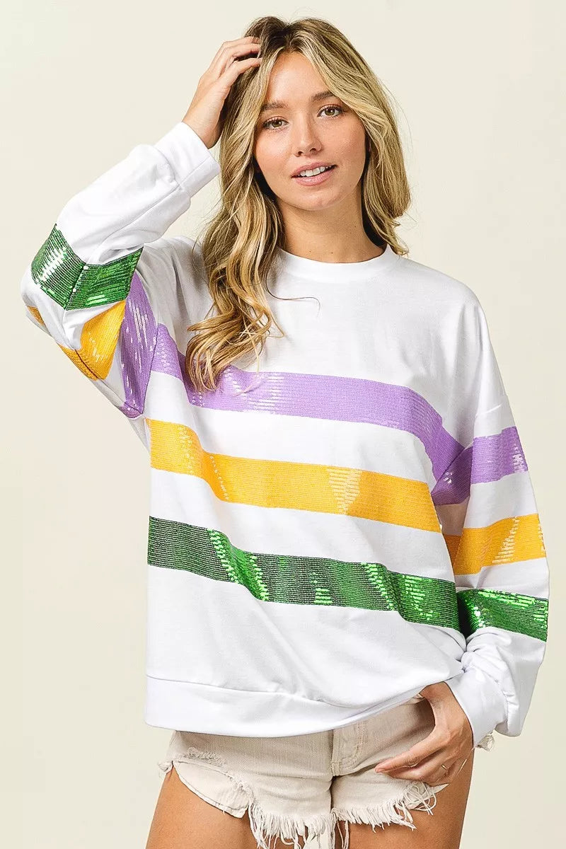 Sequin Mardi Gras Striped Round Neck Sweatshirt