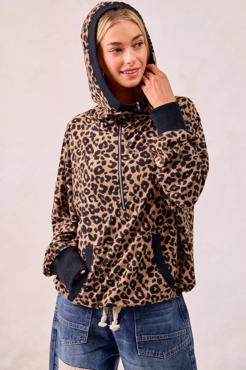 Leopard Print Waffle Half Zip Up Hoodie W Pocket