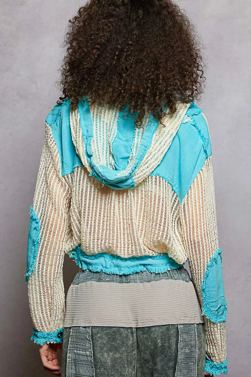 Texture Woven Button Down Hooded Shirt with Drawstring Hem