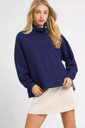 Turtle Neck Dolman Sleeve Side Slit Sweater with Contrast Detail