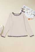 Parchment Ribbed Contrast Leopard Edge Round Neck Plus Knit Top