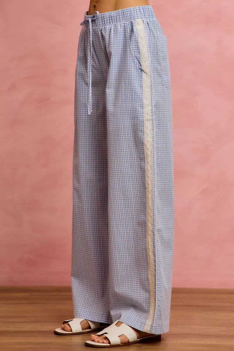 Wide Check Pants With Side Lace Trim And Piping